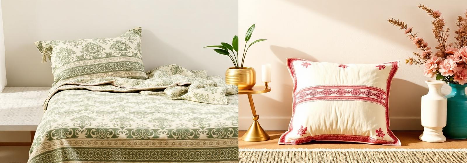 Indian block print bedsheets, dohars, cushion covers and brassware