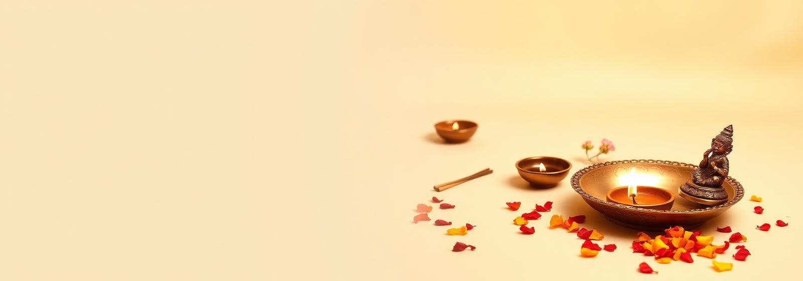 Lit diyas, brass pooja thali and idol with marigold petals