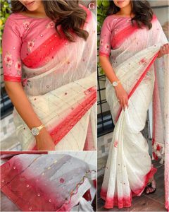 Gadhwal Linen Cotton saree with an elegant look of its contrast color shades with katha work