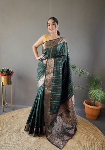 Silk Sarees With Silver, Copper And Antique Weaving, Lining Zari Weaving Design