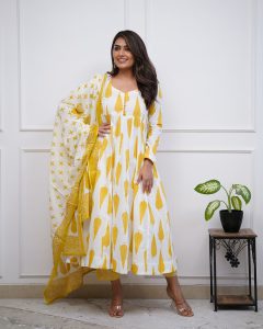 Cotton Printed Long Gown Kurta Pant Set